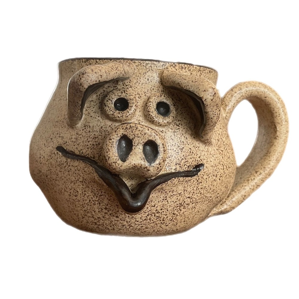 PIG FACE 3D STONEWARE HAND MADE COFFEE MUG BY WIZARD OF CLAY POTTERY left handed